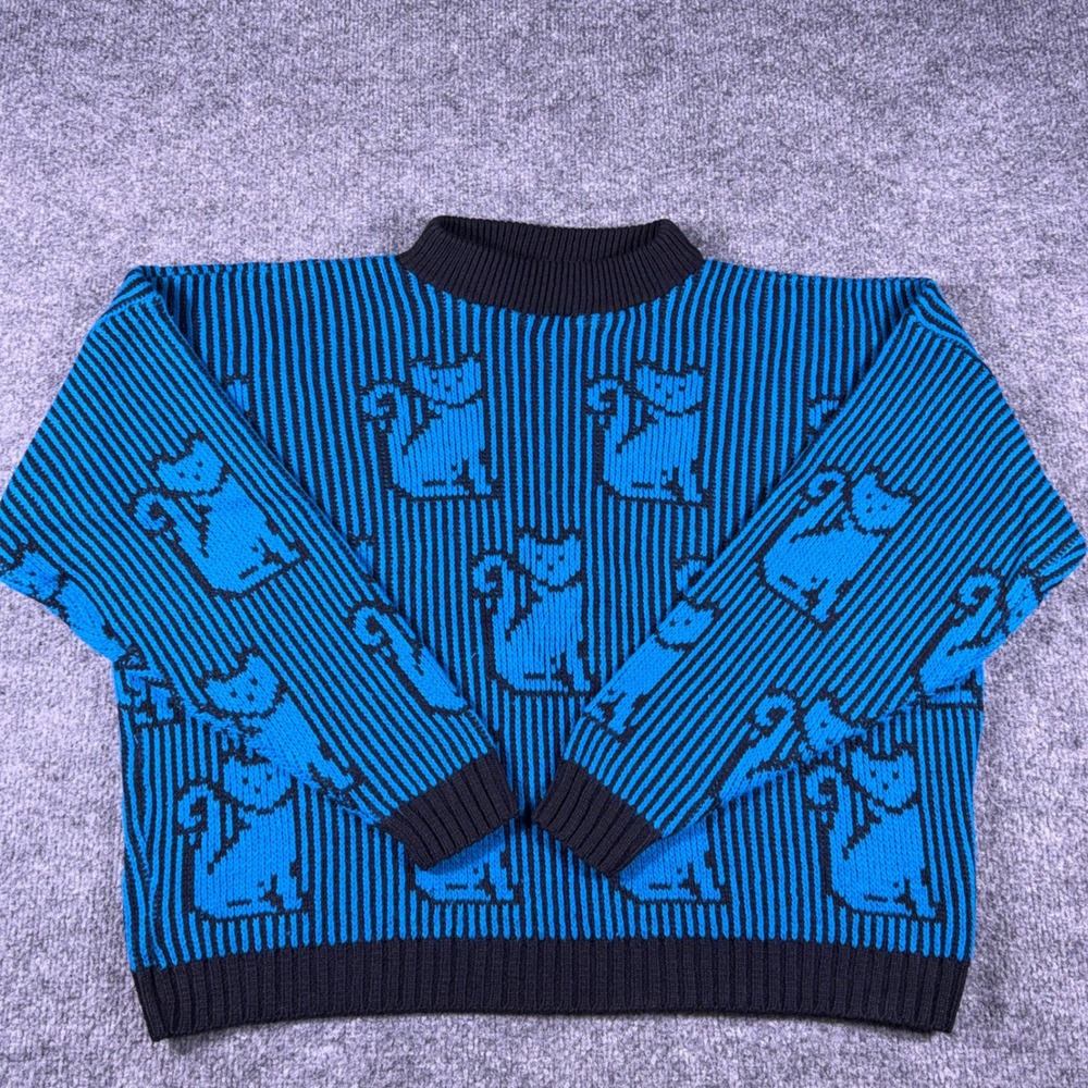 Vintage Private Eyes Cat Knit Sweater Blue Black Striped Made in USA Large